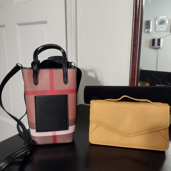 Handbags - Plaid Vertical Crossbody Bag with Black Trim - Pink/Brown